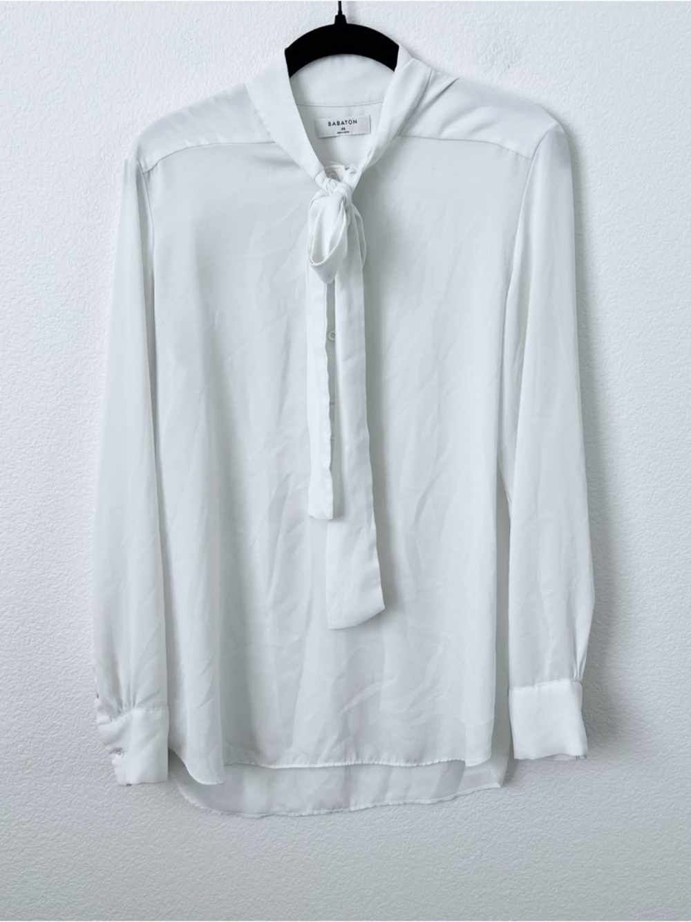 Babaton White Tie-Neck Button Down Blouse